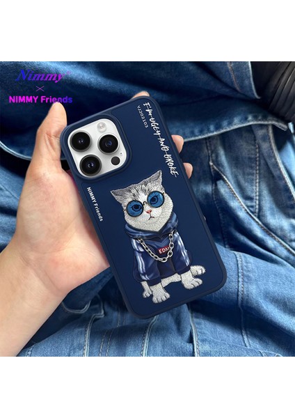 iPhone 15 Pro Max Uyumlu 3D Gözlük Fermuar Kedi Detaylı Nakış İşlemeli Kabartmalı Cool Cute Kılıf