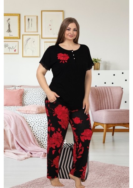 Büyük Beden Siyah Çiçek Desenli Likralı Viskon Penye Pijama Takımı