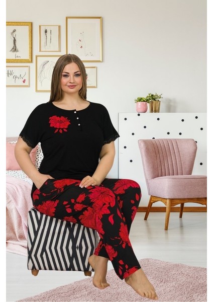 Büyük Beden Siyah Çiçek Desenli Likralı Viskon Penye Pijama Takımı fiyatları