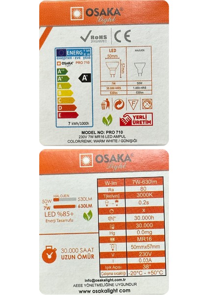 (10 adet) Osaka 7W (50W) Sarı Işık (3000K) G4 DUYLU (Iğne Bacak) LED Çanak Ampul