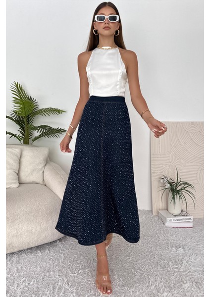 Kadın Maxi Boy Taşlı Likralı Çan Denim Etek
