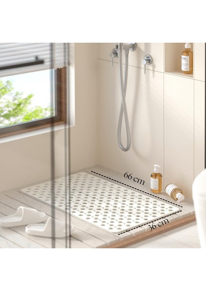 | Banyo Duş Küvet Için Vantuzlu Kaydırmaz, Su Drenajlı, Yumuşak Paspas - Mat Beyaz - 66X36CM