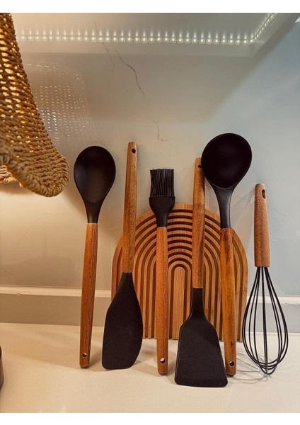 Doğal Ahşap Saplı Silikon 6 Parça Mutfak Seti (Spatula-Çırpma Teli-Kaşık-Kepçe-Fırça-Yassı Spatula)