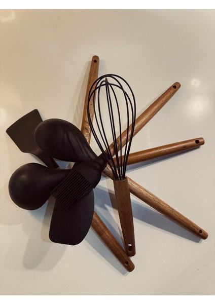 Doğal Ahşap Saplı Silikon 6 Parça Mutfak Seti (Spatula-Çırpma Teli-Kaşık-Kepçe-Fırça-Yassı Spatula)