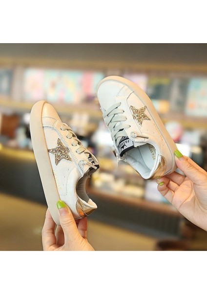 Junisteps Özel Tasarım Parlak Yıldız Detaylı Fermuarlı Çocuk Sneaker Ayakkabı - Altın