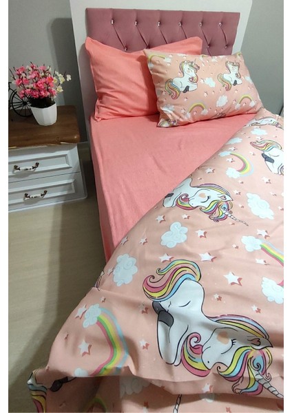 Elite Tek Kişilik Çocuk Çarşaflı Lastikli Pamuklu 2 Yastık Kılıflı Unicorn Nevresim Takım 1 Adet