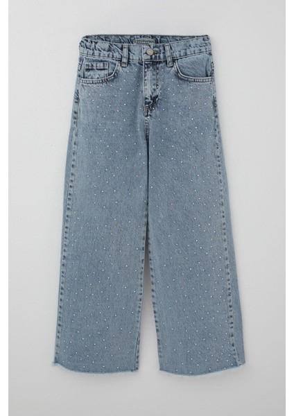 Kız Çocuk Jean Pantolon Taş Aksesuarlı Paça Kısmı Püskül Detaylı 10-14 Yaş, Açık Mavi