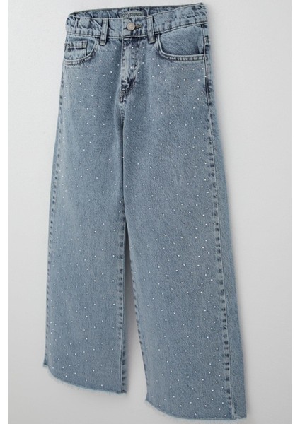Kız Çocuk Jean Pantolon Taş Aksesuarlı Paça Kısmı Püskül Detaylı 10-14 Yaş, Açık Mavi modelleri