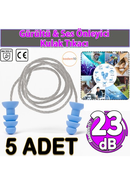 🔇5 Adet Gürültü Önleyici Yüzme Uyku Seyahat Tıkaç 23 Db Yıkanabilir Kulak Tıkacı Ipli Su Geçirmez