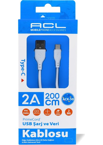 Type-C 2m Hızlı Veri ve Şarj Kablosu 2A