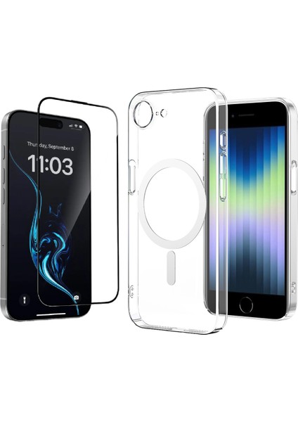 iPhone 16E Kılıf Zore M-safe Şarj Özellikli Şeffaf Kamera Çerçeveli Porto Kapak + Cam Ekran Koruyucu