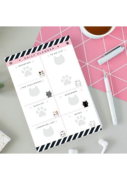 Haftalık, Günlük Planner Set - Masaüstü Planlayıcı - 50 Sayfa Tarihsiz Ders Programı, Iş Listesi, Buluşma Için To Do List - 3 Parça - Kedi Serisi