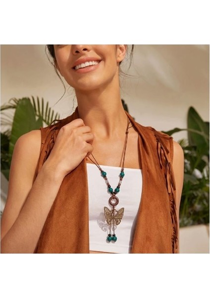 Vintage Kazak Zincir Turkuaz Yeşil Boncuk Uacıfe Boho Ahşap Kolye fiyatları