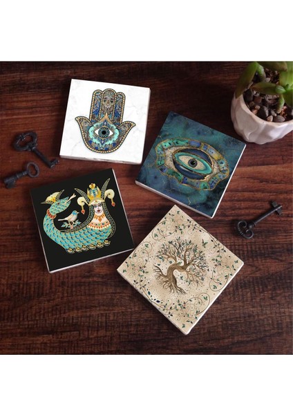 Nazar, Şahmeran, Hayat Ağacı, Fatma Ana Eli (Hamsa) Taş Bardak Altlığı Seti - 4 Parça - Dekoratif, Rustik Mutfak Aksesuarı, 10X10 Cm, Kaydırmaz Tabanlı, Şık ve Dayanıklı SC165