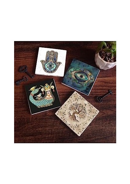 Nazar, Şahmeran, Hayat Ağacı, Fatma Ana Eli (Hamsa) Taş Bardak Altlığı Seti - 4 Parça - Dekoratif, Rustik Mutfak Aksesuarı, 10X10 Cm, Kaydırmaz Tabanlı, Şık ve Dayanıklı SC165