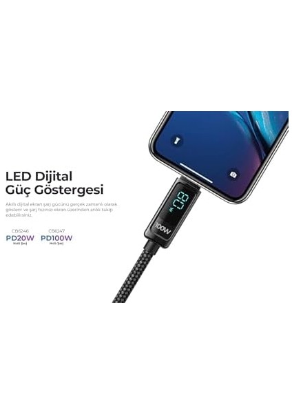 CB6246 PD20W Type-C To Lightning (Iphone) Göstergeli Şarj Kablosu