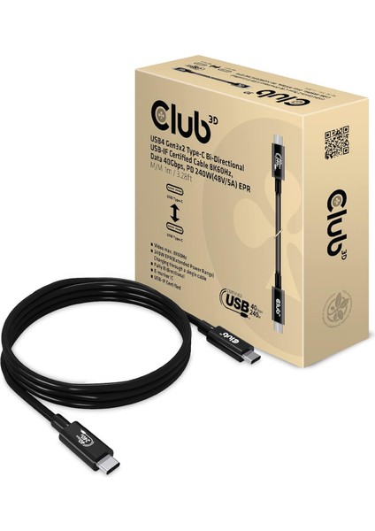 3D Usb4 GEN3X2 Tip C Bi-Yönlü Usb-If Sertifikalı Kablo 8K60Hz, Veri 40GBPS, Pd 240W Epr St./st. 1m