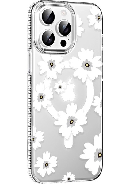 iPhone 15 Pro Max Magsafe Uyumlu Sert Kılıf – Şeffaf, Çiçek Desenli, Elmas Taşlı