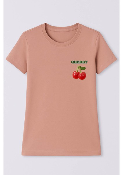 Kiraz Baskı Gül Kurusu Kadın T-Shirt Model 3