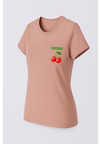 Kiraz Baskı Gül Kurusu Kadın T-Shirt Model 3