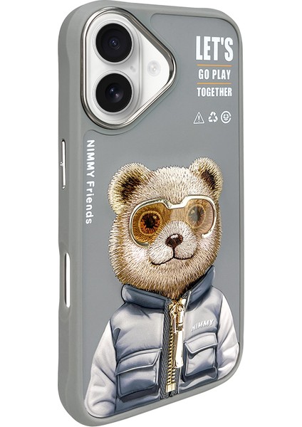 iPhone 16 Uyumlu 3D Gözlük Fermuar Ayıcık Detaylı Nakış İşlemeli Kabartmalı Cool Cute Kılıf