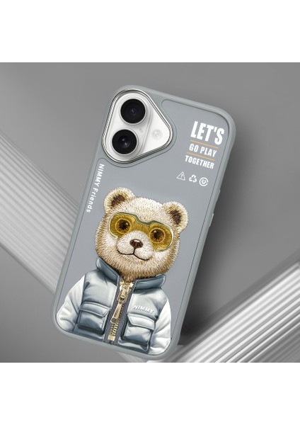 iPhone 16 Uyumlu 3D Gözlük Fermuar Ayıcık Detaylı Nakış İşlemeli Kabartmalı Cool Cute Kılıf