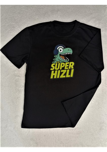 Süper Hızlı Dinozor Baskılı Pamuklu Unisex Çocuk Tişörtü