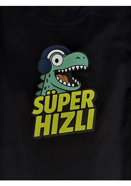Süper Hızlı Dinozor Baskılı Pamuklu Unisex Çocuk Tişörtü fiyatları
