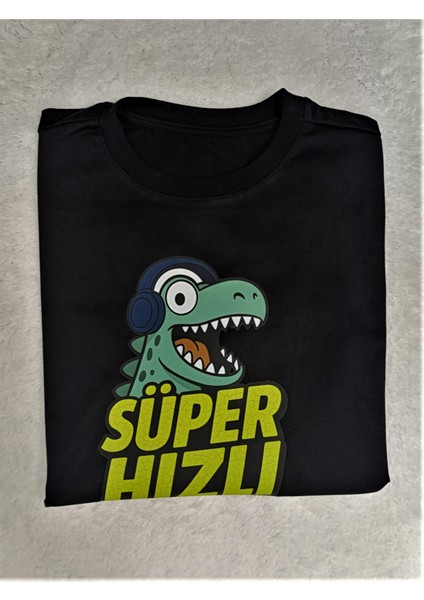Süper Hızlı Dinozor Baskılı Pamuklu Unisex Çocuk Tişörtü modelleri