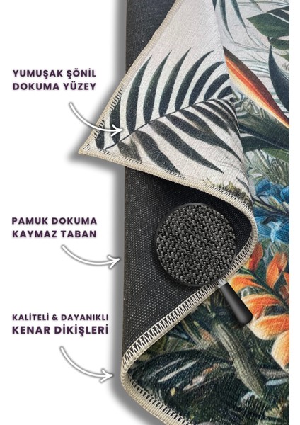 Yeşil Yapraklı Dekoratif Yıkanabilir Mutfak Halısı Art Deko Yaprak Desenli Kaymaz Tabanlı Dijital Baskılı Oturma Odası Halısı