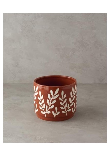 Home Leafy Stoneware Saksı Kahverengi