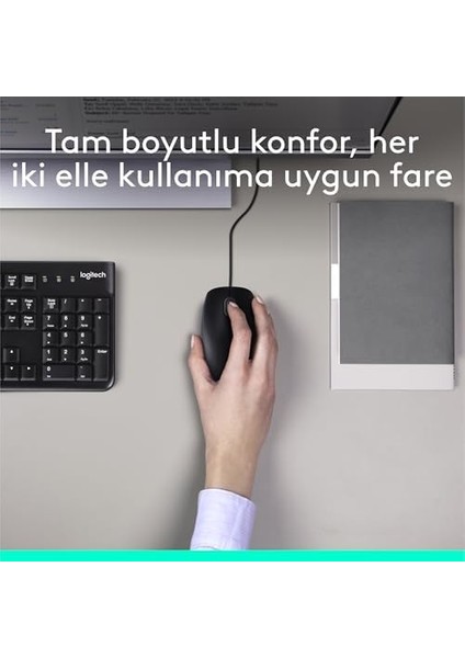 MK120 USB Kablolu Klavye Mouse Seti, Tam Boyutlu, Sağ ve Sol Elle Kullanıma Uygun Mouse, Sıvı Dökülmesine Dayanıklı, Türkçe Q Klavye, Siyah