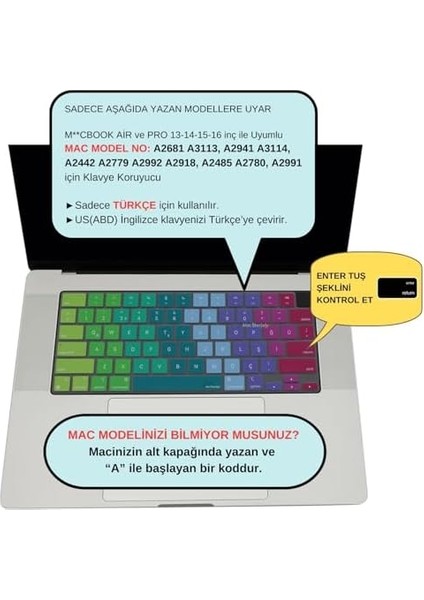 Macbook Air Pro M1-M2-M3 Klavye Koruyucu (Us To Tr) Touchıd'li A2681 A3113 A2941 A3114 A2442 A2779 A2992 A2918 A2485 A2780 A2991 ile Uyumlu Dazzle Pembe Yeşil