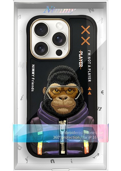 iPhone 16 Pro Uyumlu 3D Gözlük Fermuar Goril Detaylı Nakış İşlemeli Kabartmalı Cool Cute Kılıf