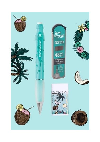 Doğa Desenli Deep Kalem, Deep Silgi ve Deep Min, 0.7 Mm, Nane Yeşili