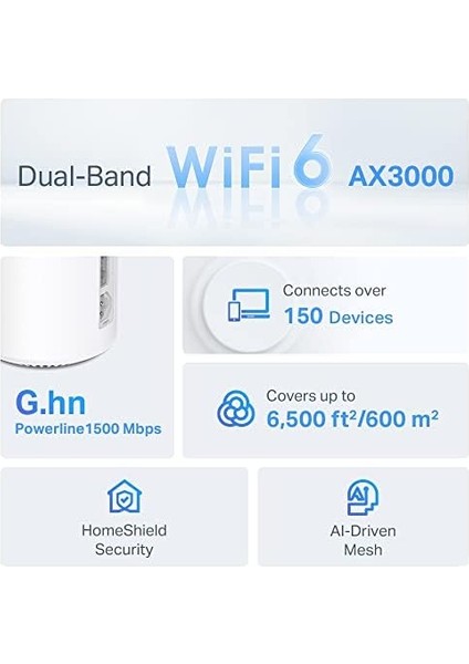 Deco PX50(3-PACK), AX3000 + G1500, 1 Ghz Cpu, Powerline/mesh, Yapay Zeka Desteği, Gigabit Portları, 150 Cihaza Kadar Bağlantı, 600 M² 'ye Kadar Kapsama, Powerline Mesh Wifi 6 Sistemi