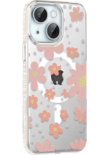 iPhone 15 Magsafe Uyumlu Sert Kılıf – Şeffaf, Çiçek Desenli, Elmas Taşlı