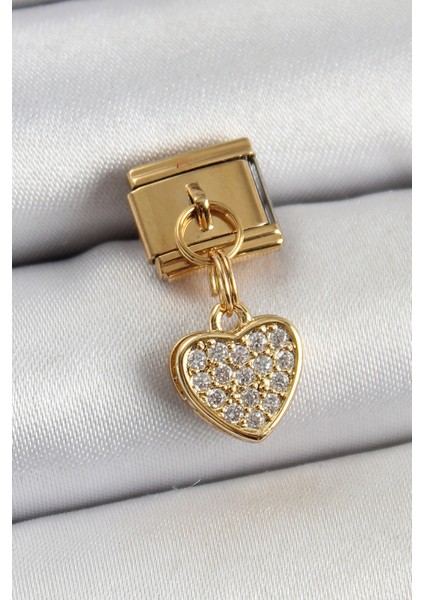 316L Çelik Sallantılı Zirkon Taşlı Kalp Model Gold Renk Nomination Charm