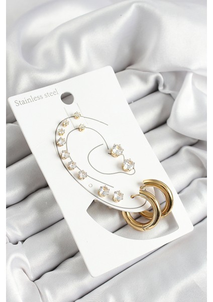 316L Çelik Halka Figürlü ve Zirkon Taşlı Gold Renk 7'li Çift Kadın Küpe Set