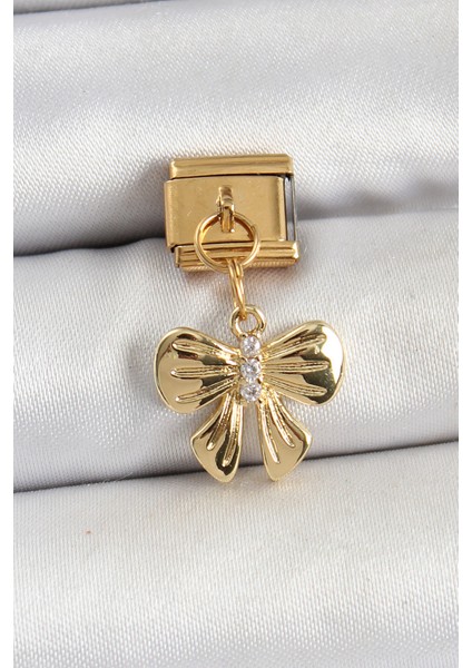 316L Çelik Sallantılı Zirkon Taşlı Fiyonk Model Gold Renk Nomination Charm