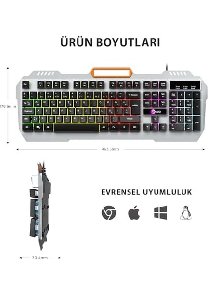 KB123 USB Kablolu Oyuncu Klavye - Rainbow Efektli, Mekanik Hisli Sessiz, Membran Gaming Türkçe Q Klavye Metalik Gri