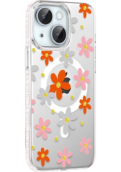 iPhone 13 ve iPhone 14 Magsafe Uyumlu Sert Kılıf – Şeffaf, Çiçek Desenli, Elmas Taşlı