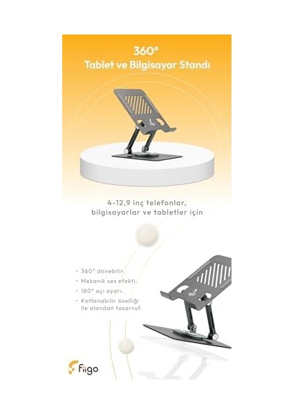 360 Derece Dönebilen Tablet ve Telefon Standı Metal Grey
