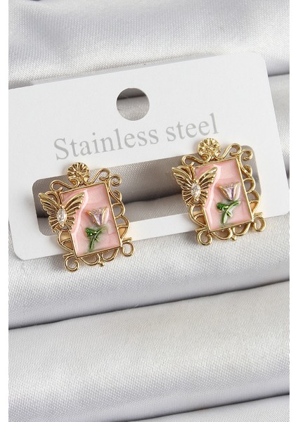Pirinç Pembe Mineli Sanatsal Portre Model Gold Renk Kadın Küpe