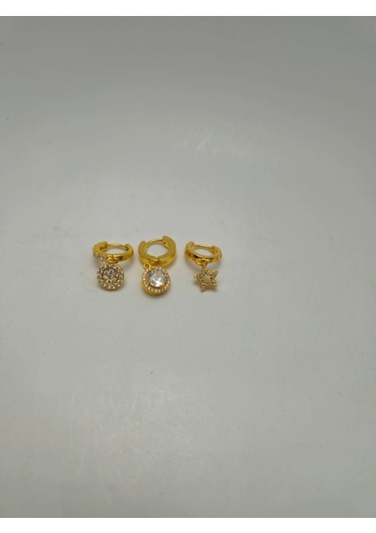 Zirkon Taşlı Gold Renk Çelik 3'lü Küpe modelleri