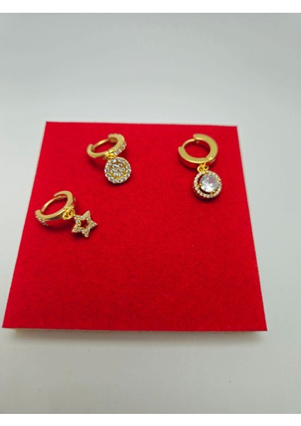 Zirkon Taşlı Gold Renk Çelik 3'lü Küpe fırsatları