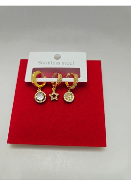 Zirkon Taşlı Gold Renk Çelik 3'lü Küpe indirimleri