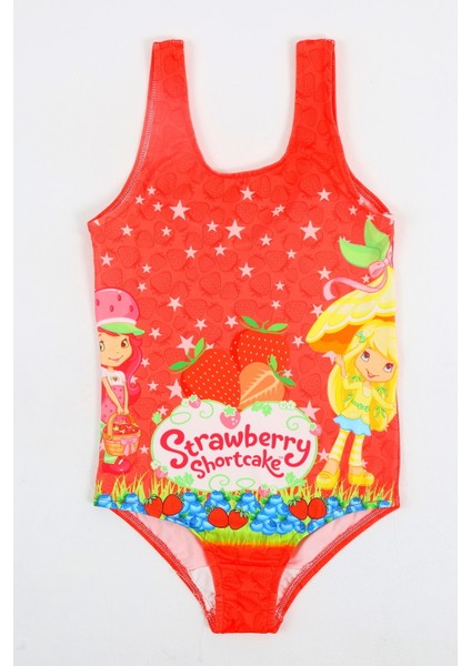 Şık Kız Çocuk Mayo Çilek Desenli Kırmızı Rahat Hızlı Kuruyan Mayo Deniz Havuz Plaj Mayosu