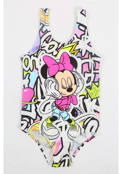 Şık Kız Çocuk Mayo Minnie Mouse Grafiti Desenli Rahat Hızlı Kuruyan Mayo Deniz Havuz Plaj Mayosu