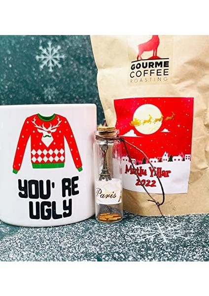 You're Ugly Tasarımlı Kupa Filtre Kahve ve Dilek Şişesi Yılbaşı Seti